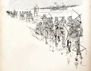 De regen maakt de boogschutters van het leger van de Franse koning Filips VI (1293-1350) onbruikbaar door de touwen van de bogen nat te maken tijdens de Slag bij Crécy in 1346 aan het begin van de Honderdjarige Oorlog. Illustratie van Job (Jacques)