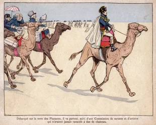 Napoleon in Egypte - Tijdens zijn Egyptische campagne wordt hij vergezeld door geleerden met wie hij de archeologische vindplaatsen bezoekt - lithografie door Job