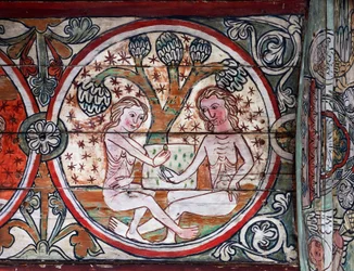 Adam en Eva in de Hof van Eden, decoratie uit Al Stavkirke, Noorwegen (fresco)