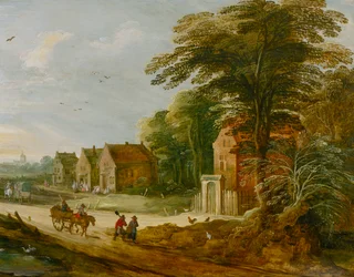 Reizigers die door een dorp gaan, laat 16e of vroeg 17e eeuw