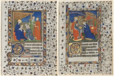 Bifolio uit een getijdenboek: Aanbidding der wijzen en kroning van de Maagd